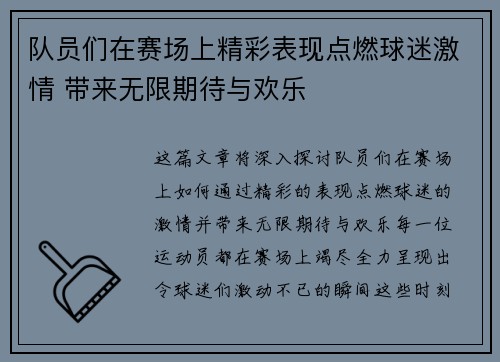 队员们在赛场上精彩表现点燃球迷激情 带来无限期待与欢乐